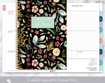 personalized planner 2018 & 2019 calendar | add monthly tabs custom weekly student planner | planner agenda | black meadow floral