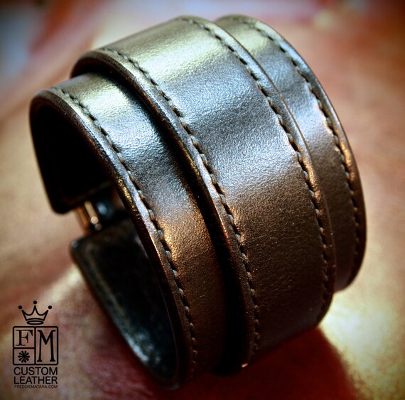 Leather cuff bracelet Black bridle leather with Fine handworked wristband Hand stitched and made for you in New YorkC by Freddie Matara