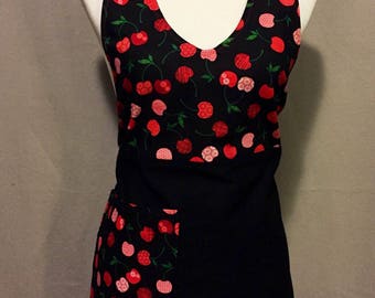 Cherry Apron / Apron / Black Apron / Black and Red Apron/ Cherry Print / Womens Apron