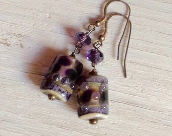 Purple Glass Beaded Earrings, Murano Glass, Lampwork