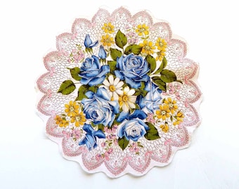 Round Linen Handkerchief Ring of Blue Roses Faux Lace Scalloped 1940s Bridal Shower Wedding Flower Girl Hankie Yellow White Pink Flowers
