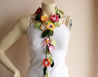 Spring Crochet Scarf-Flower Necklace Scarf-Lariat Scarf-Handmade Long Scarf
