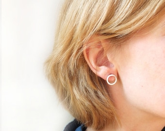 open circle earrings, karma studs, round circle post earrings in silver, simple circle studs