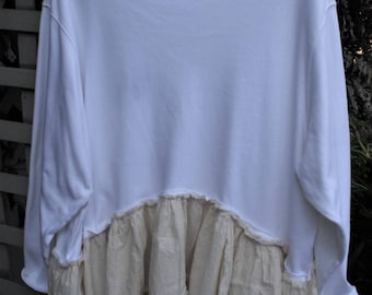 3X Knit-Muslin Tunic/ Ruffles-Raw Seams/ White Top/Natural Bottom/ Funky Chic/ Oversize/ Restyled Thrift/ Fringy Funwear/ Sheerfab Handmade