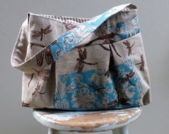 Dragonfly Purse - Robins Egg Blue Print on Raw Linen - 3 Pockets - Key Fob