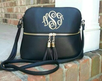 Personalized Monogrammed Vegan Leather Crossbody Purse with Tassel FREE Monogram Gray Black Khaki Brown Monogram Purse - Gift for Her