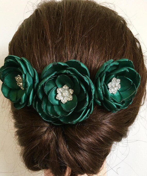 Dark emerald bottle green silk diamanté flower hair clip hair