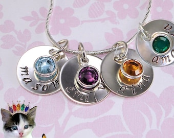 Personalized Mothers Necklace Hand Stamped Jewelry 4 5/8" Disk Swarovski Birthstone Mom Grandmother