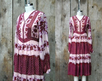 c. 1970s india cotton dress + vintage 70s bohemian print dress + vintage indian cotton gauze dress