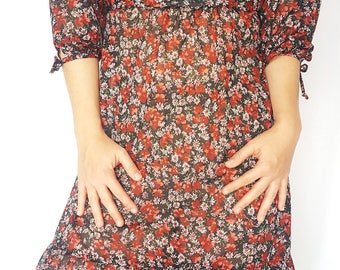 Vintage 1970s Sheer Floral Prairie Style Dress / Size (S/M)
