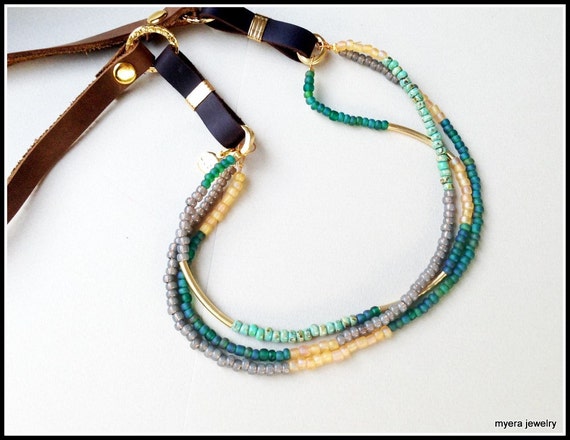 Leather Bead Necklace, Multi strand necklace, Green Bead Jewelry, mixed jewelry Necklace, Leather Bead Pendant, long Leather Necklace