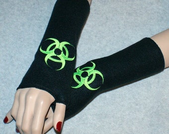 Embroidered Biohazard Fleece Arm Warmers Black / Neon Green MTCoffinz