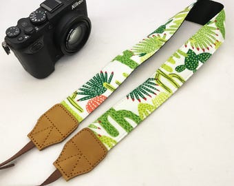 Designer cacti camera strap genuine leather ends for DSLR , mirrorless