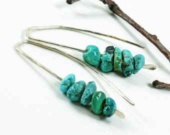 Chinese Turquoise Earrings, Sterling Silver, blue gemstone, hand-forged artisan earrings, modern dangle earrings, everyday earrings,3359