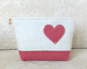 Heart Felt Zippered Pouch, Upcycled Felted Wool Sweater Clutch in Coral Pink and White