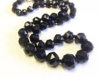 Antique Whitby Jet Bead Necklace. Victorian Jet Mourning Necklace. Intricately hand-faceted Whitby jet beads.