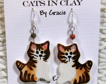 Brown Tabby Cat Shaped French Wire Earrings Handmade In Kiln Fired Clay by Grace Smith