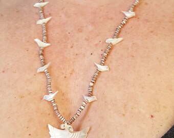 70s Vintage Heishi Fetish Carved Mother of Pearl Eagle Necklace