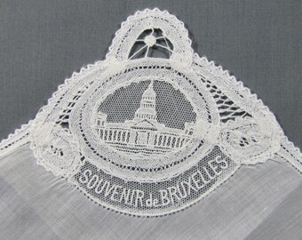Brussels Lace Souvenir of Bruxelles BELGIUM White Hankie Handkerchief