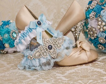 Blue Lace Wedding Garter Set. Blue Lace Garter Set, Lace Wedding Garter, Something Blue, Rhinestone Garter, Personalized Garter
