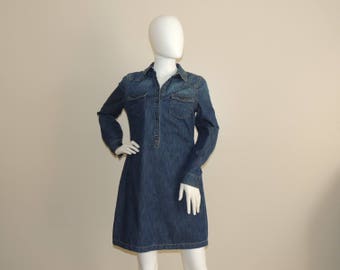 Vtg Jeans Dress, Denim Shirt Dress, Long Sleeve Above Knee Blue Jean Dress, Spring Denim Dress Size Petite S
