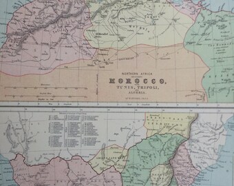 1873 Northern and Southern Africa Original Antique Map, 10.5 x 13.5 inches, Morocco, Tunis, Tripoli, Algeria, Cape Colony, South Africa