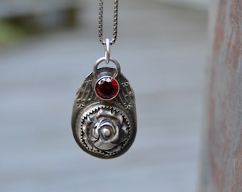 Rose Sterling Necklace. Fine Silver . Red Crystal Glass. Handmade . Fine Silver . Rustic . Earthy . Boho .