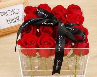 16 Holes New Fashion Clear Acrylic Rose Flower Box Makeup Organizer Cosmetic Tools Holder Flower Gift Box For Girlfriend Wife With Cover