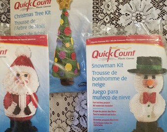 3 Christmas Plastic Canvas Kits Quick Count Santa 3-D Quick Count Snowman & Quick Count Christmas tree