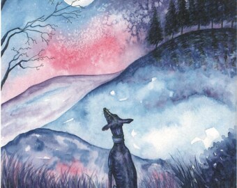 A4 whippet greyhound painting....Moon....A Watercolor and Ink Painting