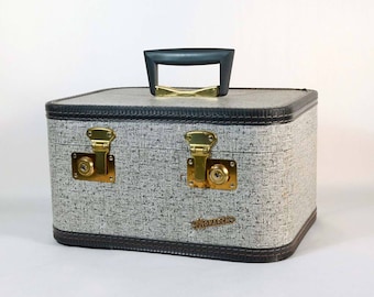 Vintage Grey Speckled Train Case by Monarch, 50s 60s Mid Century Carry on Luggage, Retro Small Suitcase
