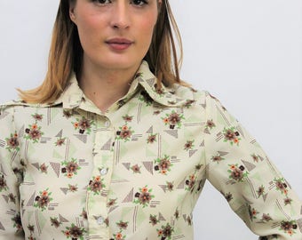 1970s Cream Floral Blouse Size UK 10, US 6, EU 38