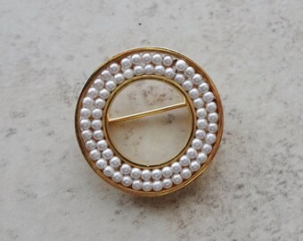 Gold Circle Pin with Pearl Beading, Vintage Circle Pin