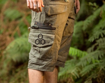 Touching Sounds Shorts (Olive Green) - Festival Clothing Men Loose Shorts Goa Stylish Boho Psytrance Thick Fabric Party Comfortable Bohemian