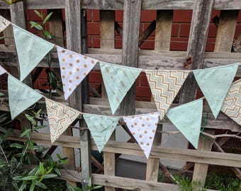 Bunting, flags, garland or banner - gold and white, mint green modern bunting