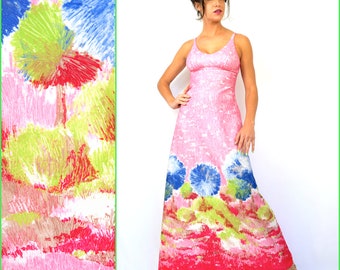 Vintage 60s 70s Sugar Tree Forest Novelty Print A Line Maxi Dress (size xs, small)
