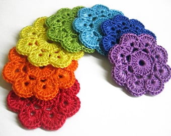 Handmade Crocheted Flower Appliques Motifs in rainbow shades or choose your color 7 pc, 2 inches