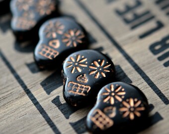 Haunted Faces - Czech Glass Beads, Opaque Jet Black, Metallic Dark Bronze Wash, Sugar Skulls 20x17mm - Pc 2