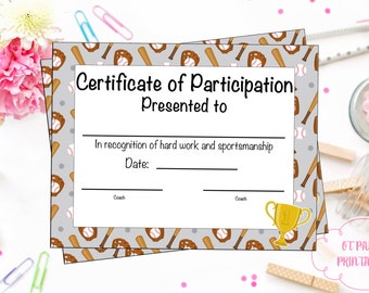 baseball certificate of participation baseball award print at home baseball mvp baseball