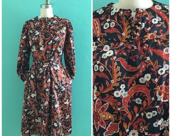 vintage 60's paisley floral print dress // black fall print shirt dress