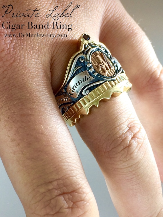 Cigar Band Initial Ring. 14k gold sterling silver red