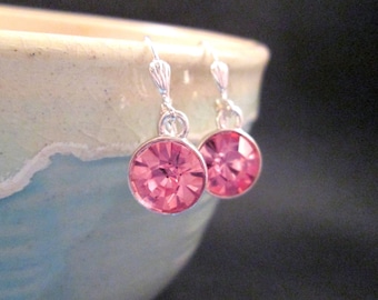 Rhinestone Earrings, Pink Glass Rhinestones and Silver Dangle Earrings, FREE Shipping U.S.