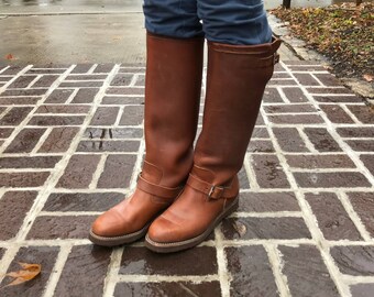 Mens Brown Leather Riding Boots, Made in USA Chippewa, Biker Hunting Snake Boot, Neoprene, Mens 7 US