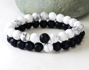 Matching Couples Bracelet , Couples Gift Set, Couple Jewelry, His and Her Bracelet, Anniversary Gift, Gift for Couple, Onyx Howlite Bracelet
