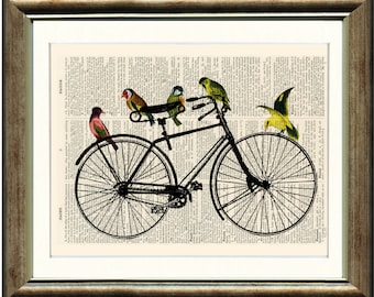 Birds on a Bicycle - Upcycled vintage book page print on a page from a late 1800s Dictionary Buy 3 get 1 FREE