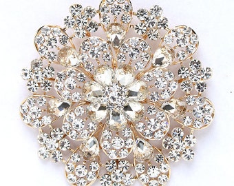 Large Gold Rhinestone Brooch Bridal Jewelry 3.75 inch Round Gold Broach Dress Sash Wedding Cake Brooch DIY Jewelry Crafts Big Gold Broaches