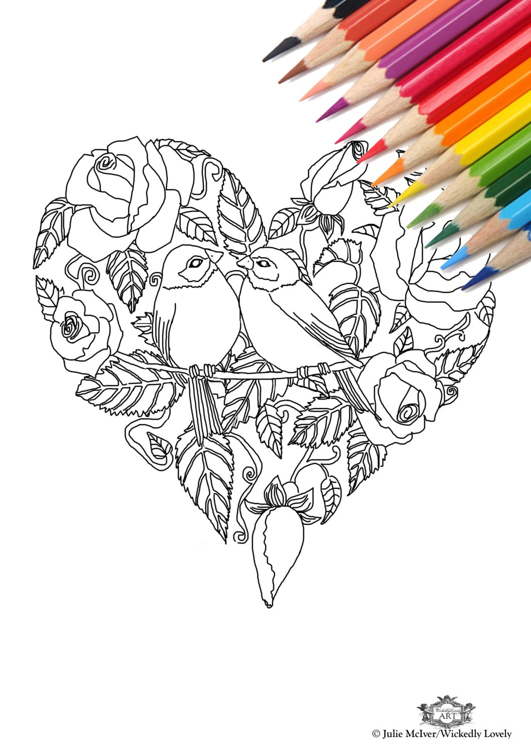 Rose heart with birds DIY Print at home Digital Download Colouring Page Adult colouring page