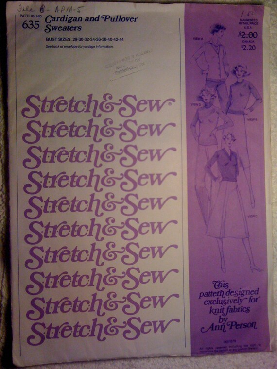 Stretch and Sew Sewing Pattern 635 70s Ladies Cardigan and Pullover Sweater Bust Size 28-44 Uncut