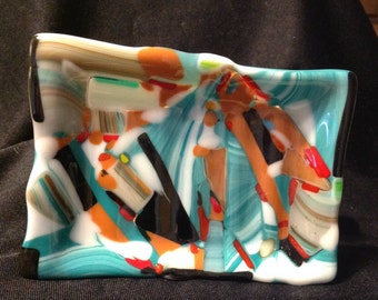Fused Glass Soap Dish - in Turquoise, Orange, Black & White Stacked Colors