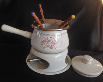Vintage Enamel Fondue Pot with Stand in Floral Design